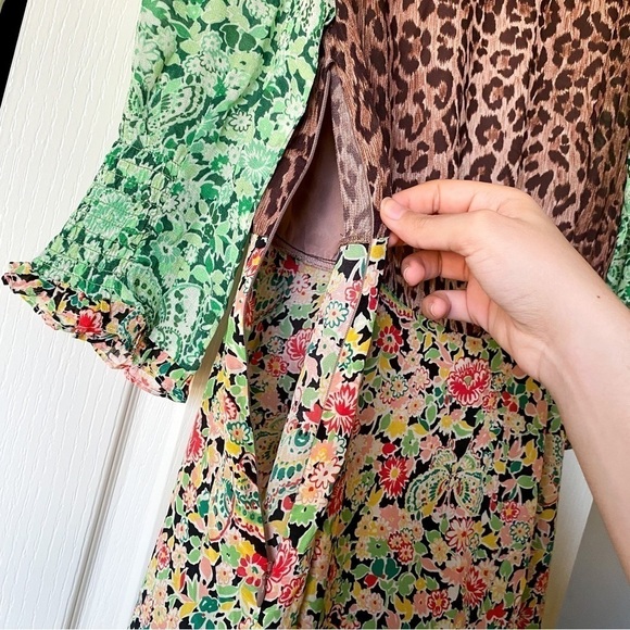 Rixo Dress Saffron Silk Crepe Keyhole Midi Black Green Meadow Leopard S GUC - Picture 8 of 10